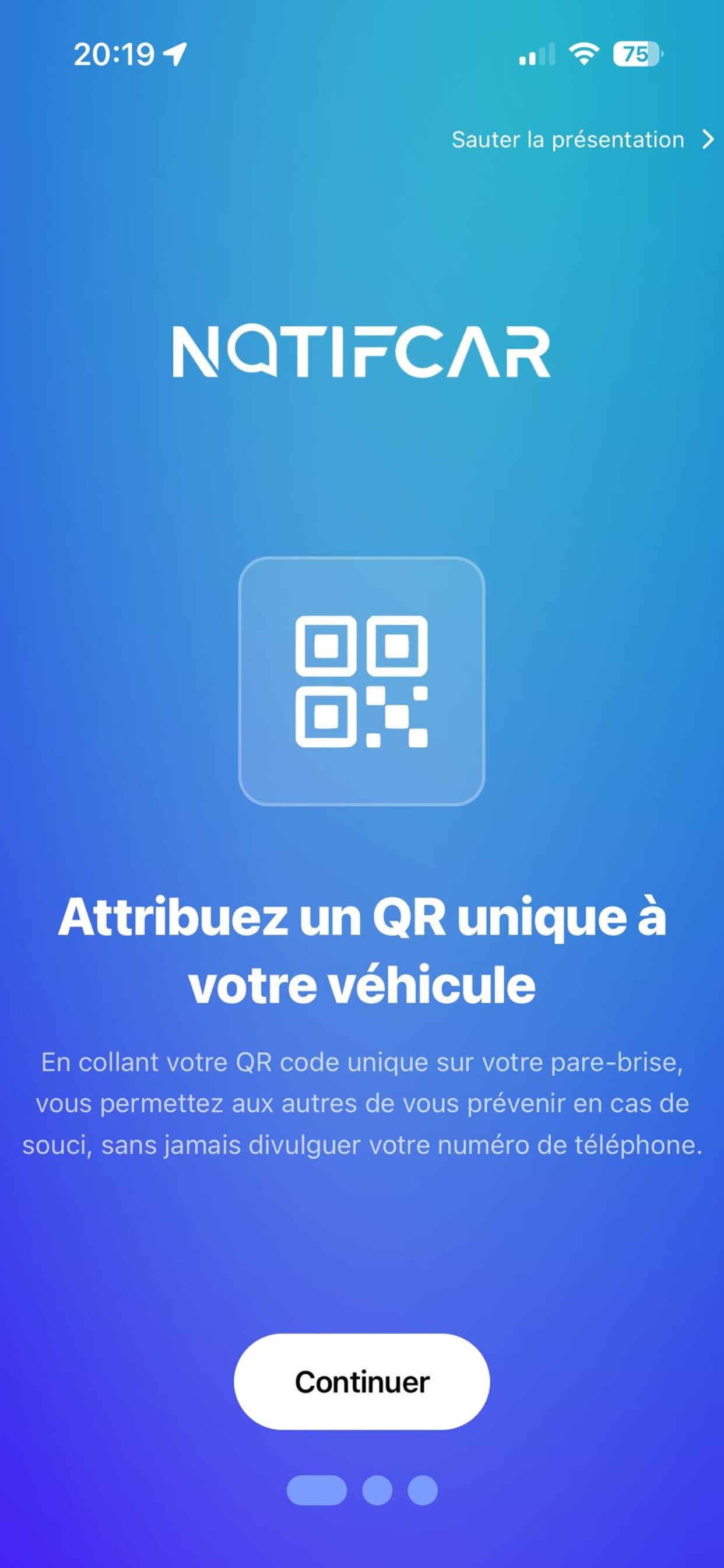 Interface NotifCar - scan du QR code et envoi d'alerte anonyme